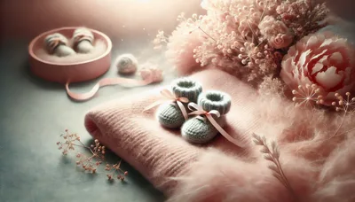 Soft Knitted Baby Booties On A Pink Blanket