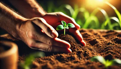 Hands Gently Protecting A Small Green Seedling In Soil