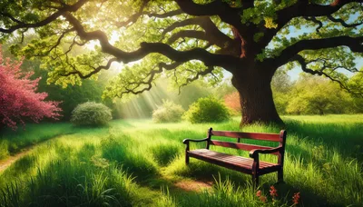 Empty Wooden Bench Under Large Oak Tree