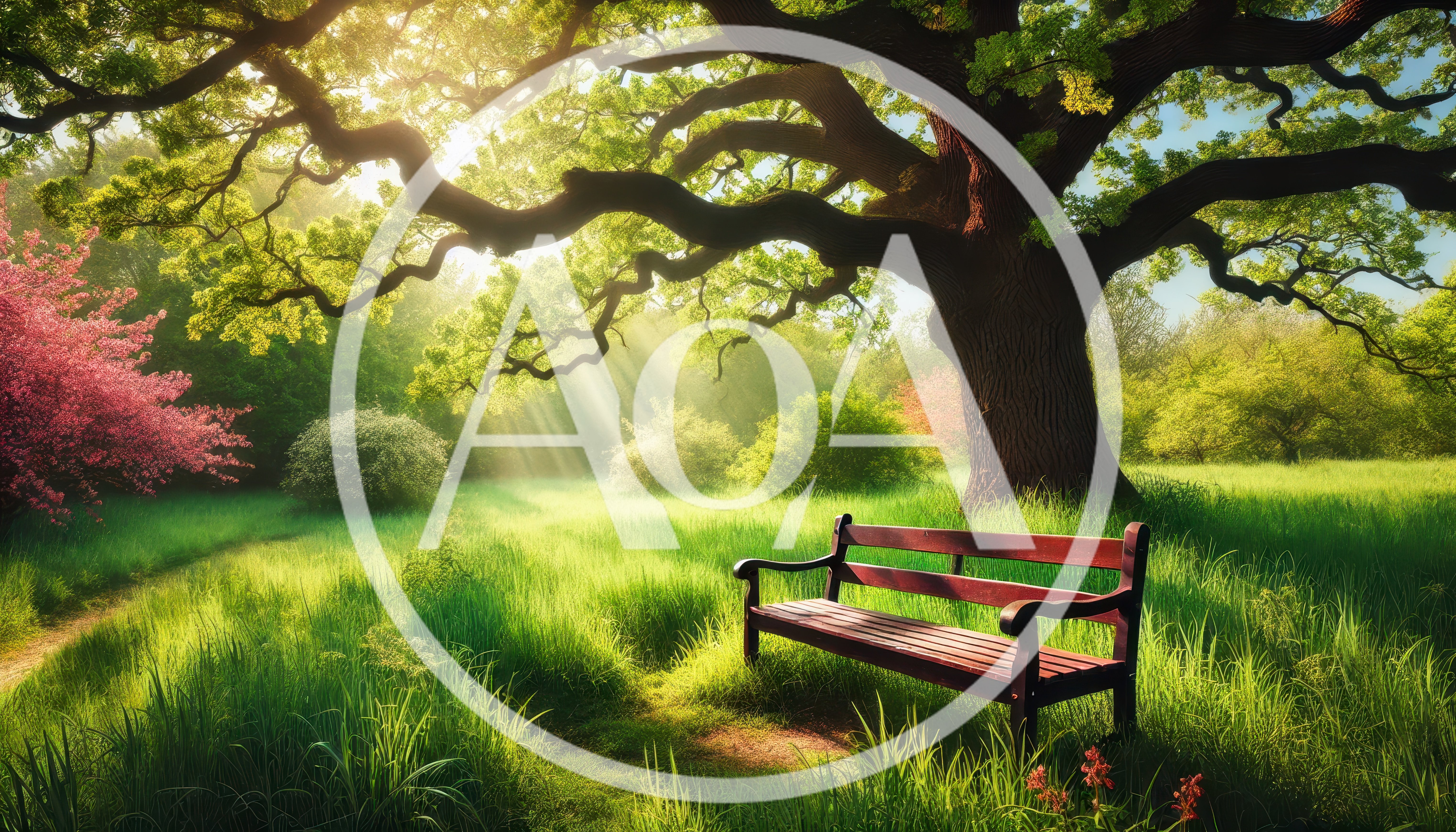 Empty Wooden Bench Under Large Oak Tree