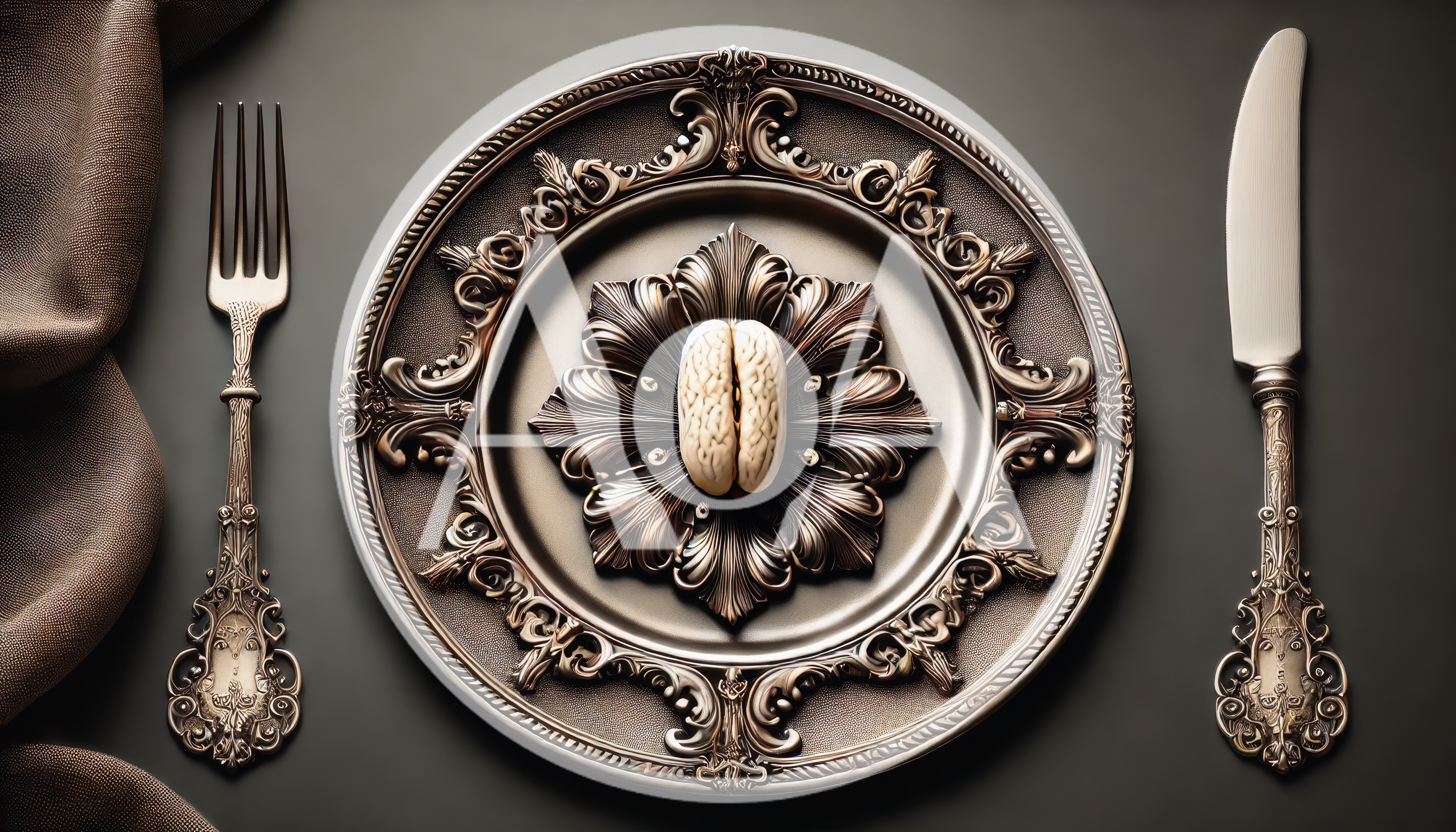 Ornate Silver Plate With A Single Brain Specimen
