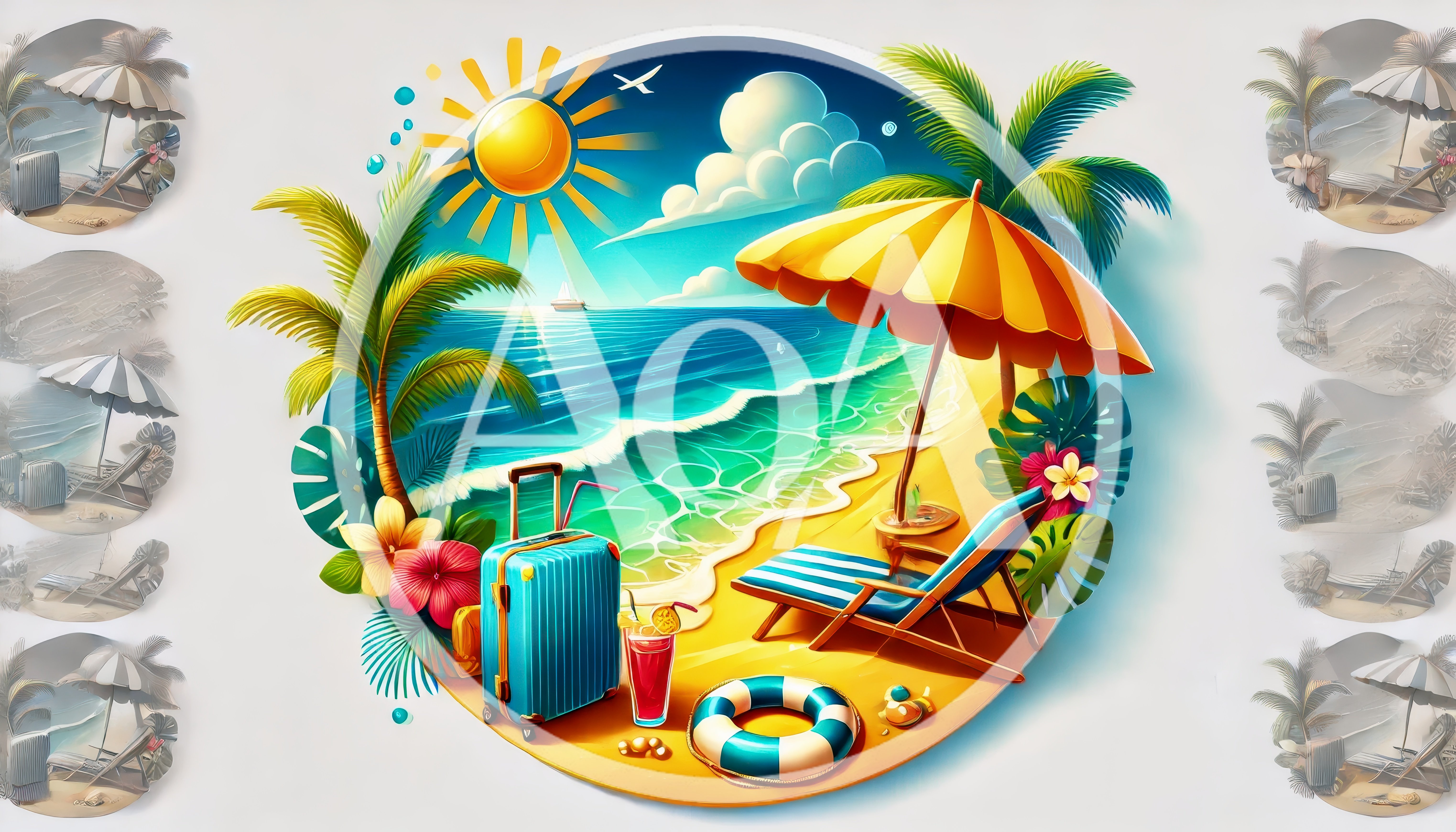 Tropical Beach Vacation Illustration With Suitcase And Deckchair