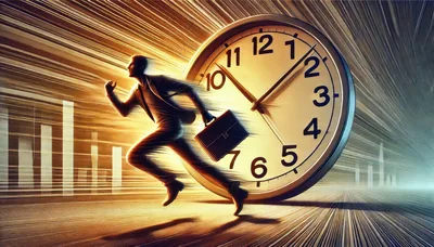 Businessman Running Fast Against A Giant Clock