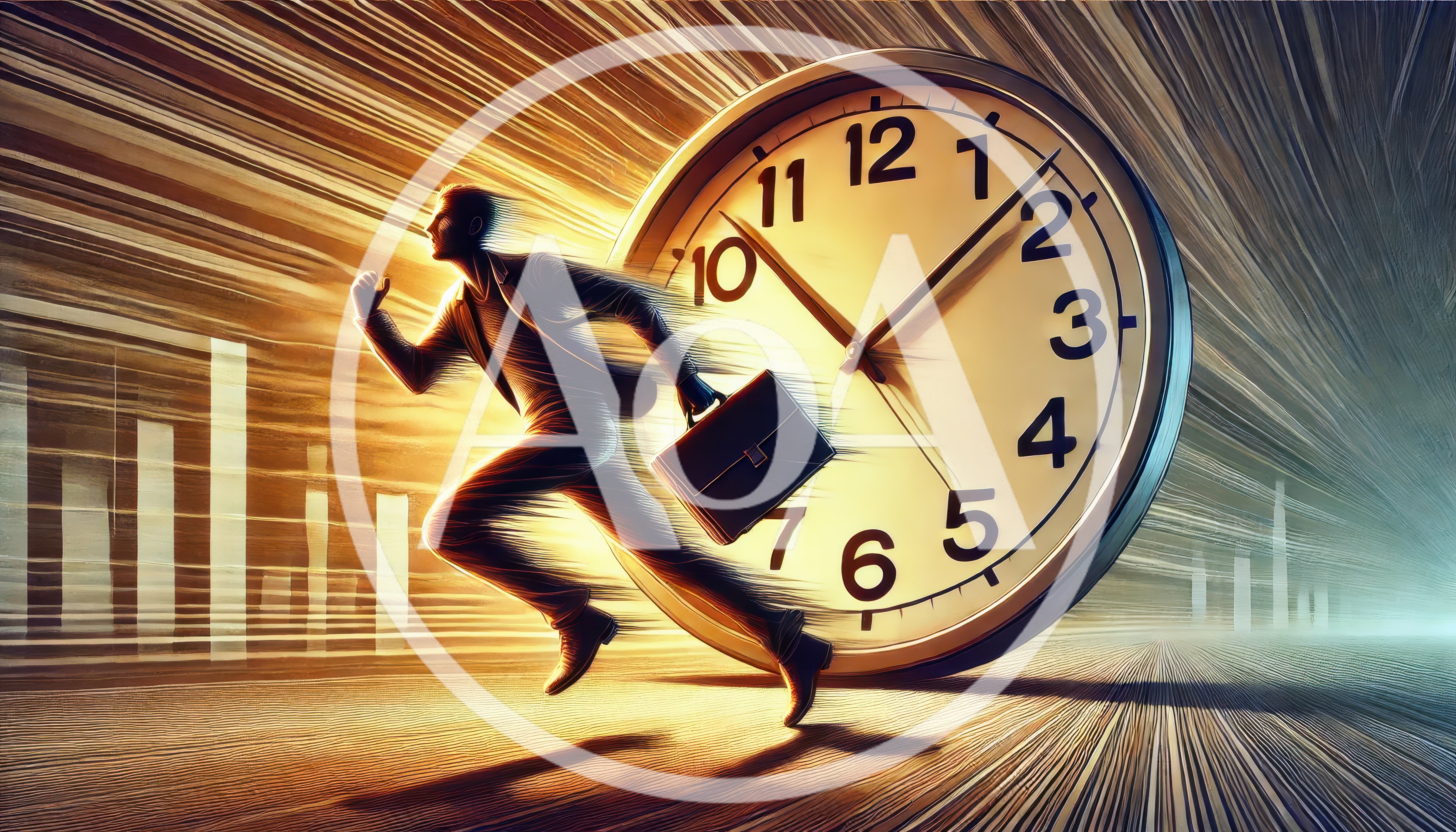 Businessman Running Fast Against A Giant Clock