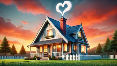Cozy Suburban House With Heart Shaped Smoke At Sunset