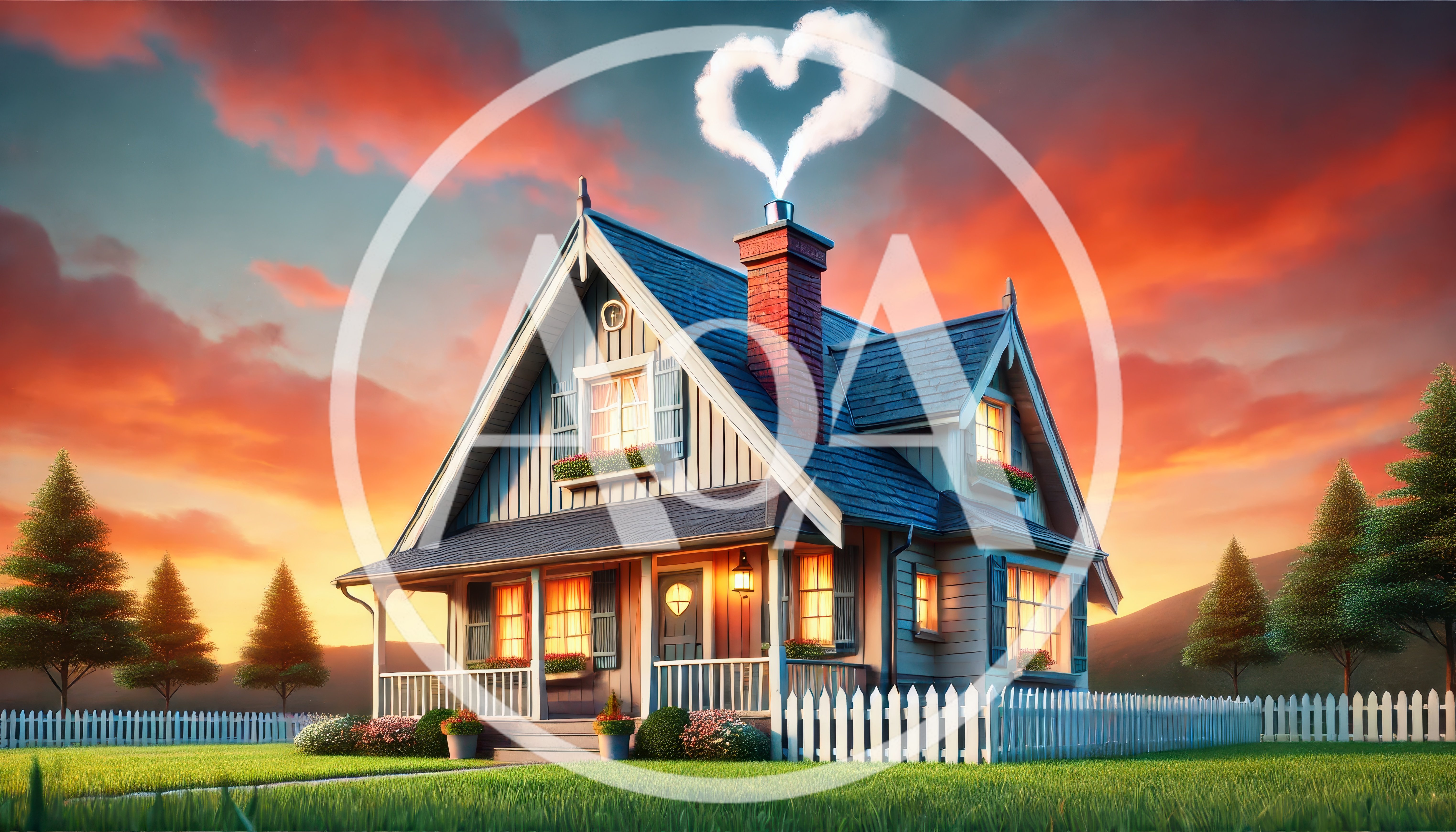 Cozy Suburban House With Heart Shaped Smoke At Sunset