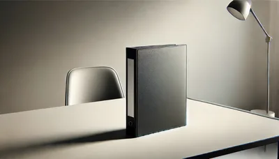 Black Binder Standing On A Minimalist Office Desk