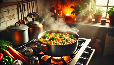 Steaming Vegetable Soup Cooking In A Rustic Kitchen