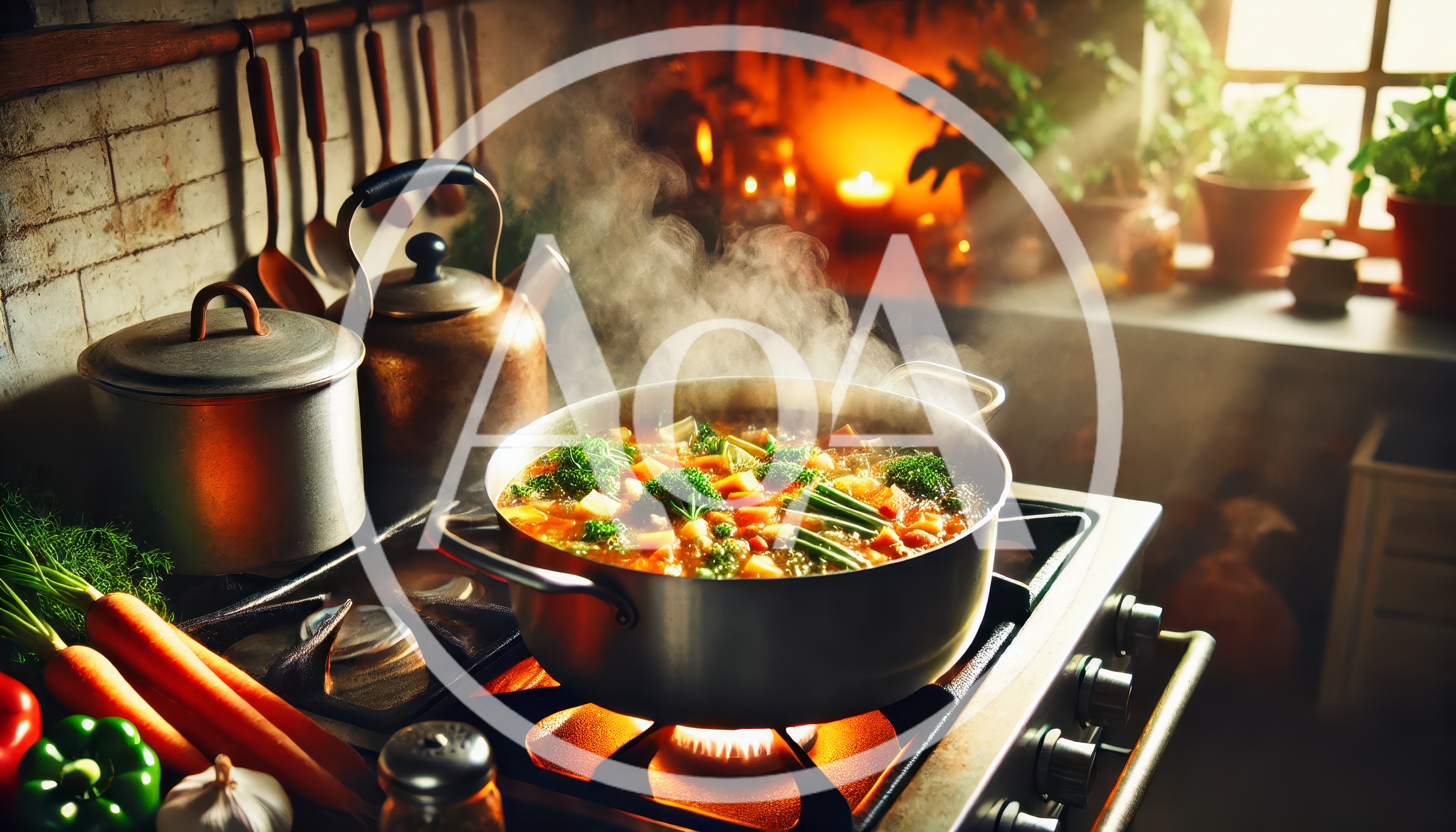 Steaming Vegetable Soup Cooking In A Rustic Kitchen