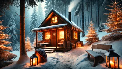 Cozy Log Cabin In Snowy Winter Forest