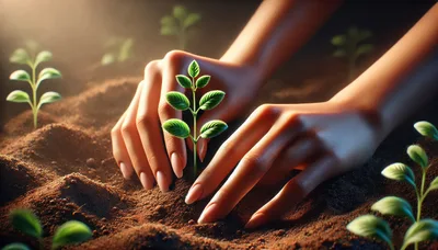 Hands Planting A Small Green Seedling In Soil