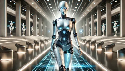 Futuristic Android Walking Down A High Tech Runway