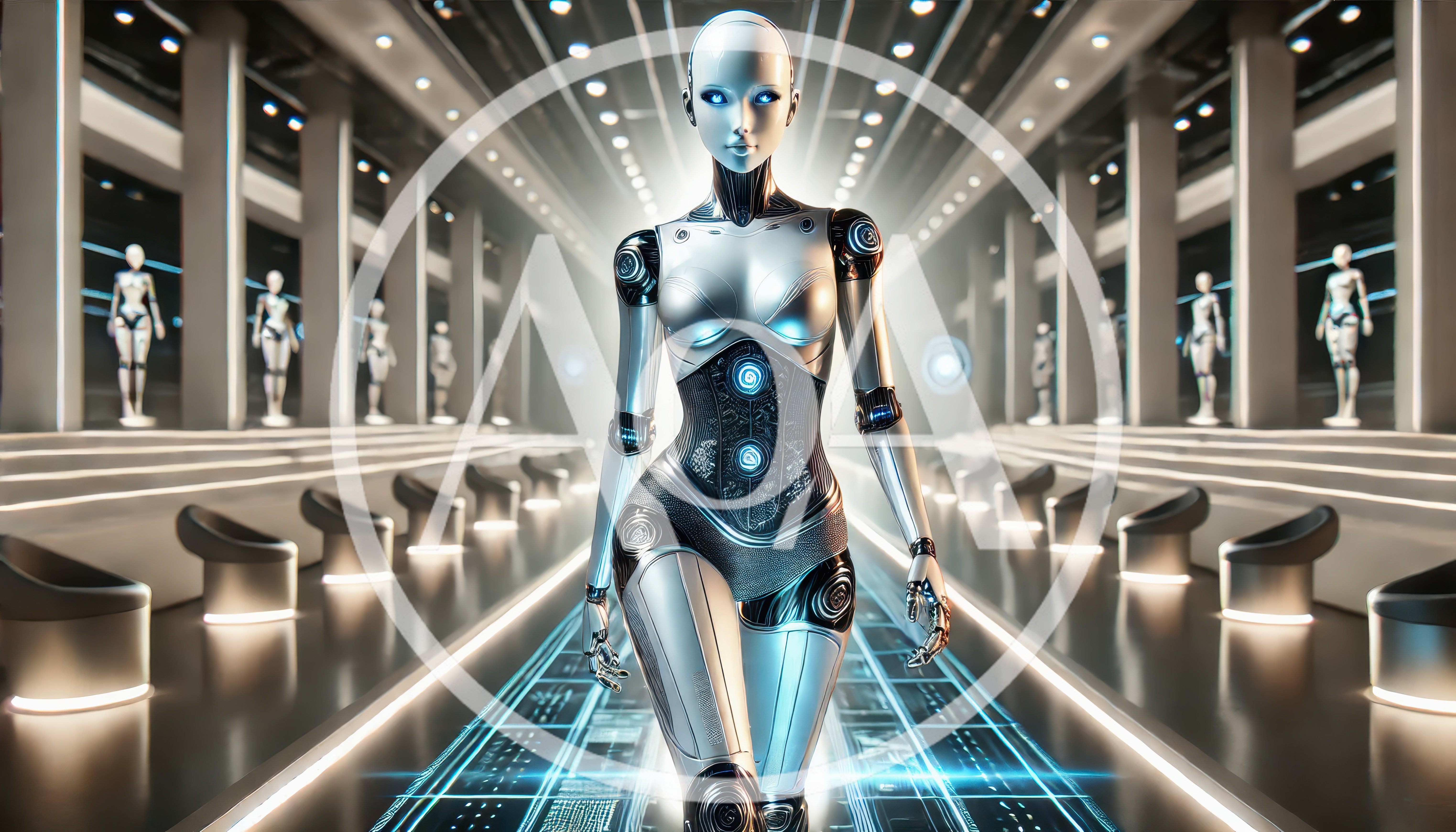 Futuristic Android Walking Down A High Tech Runway