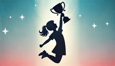 Silhouette Of A Girl Jumping With A Trophy