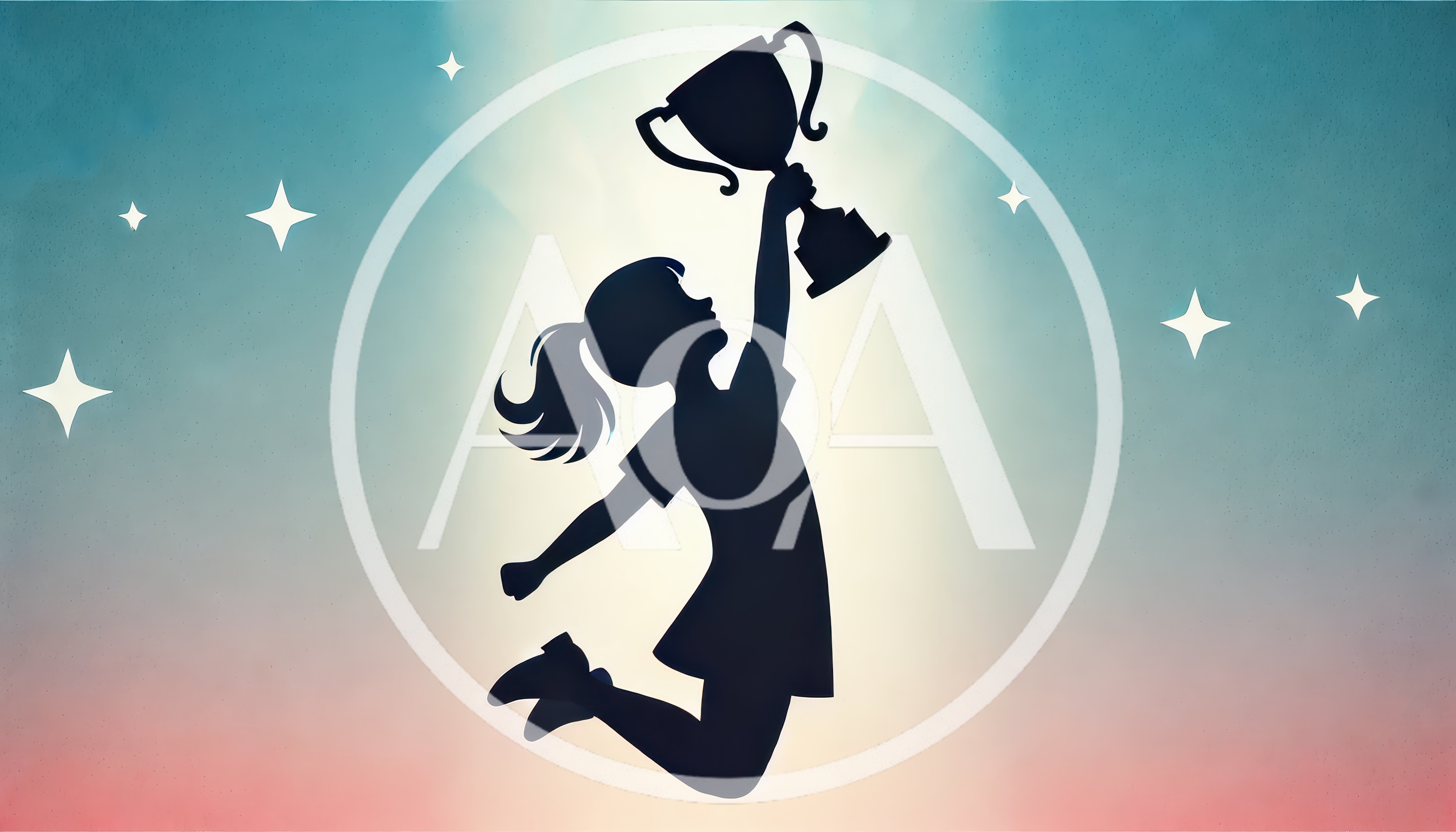 Silhouette Of A Girl Jumping With A Trophy
