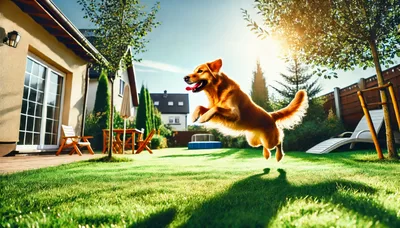 Golden Retriever Jumping Joyfully in a Sunny Backyard