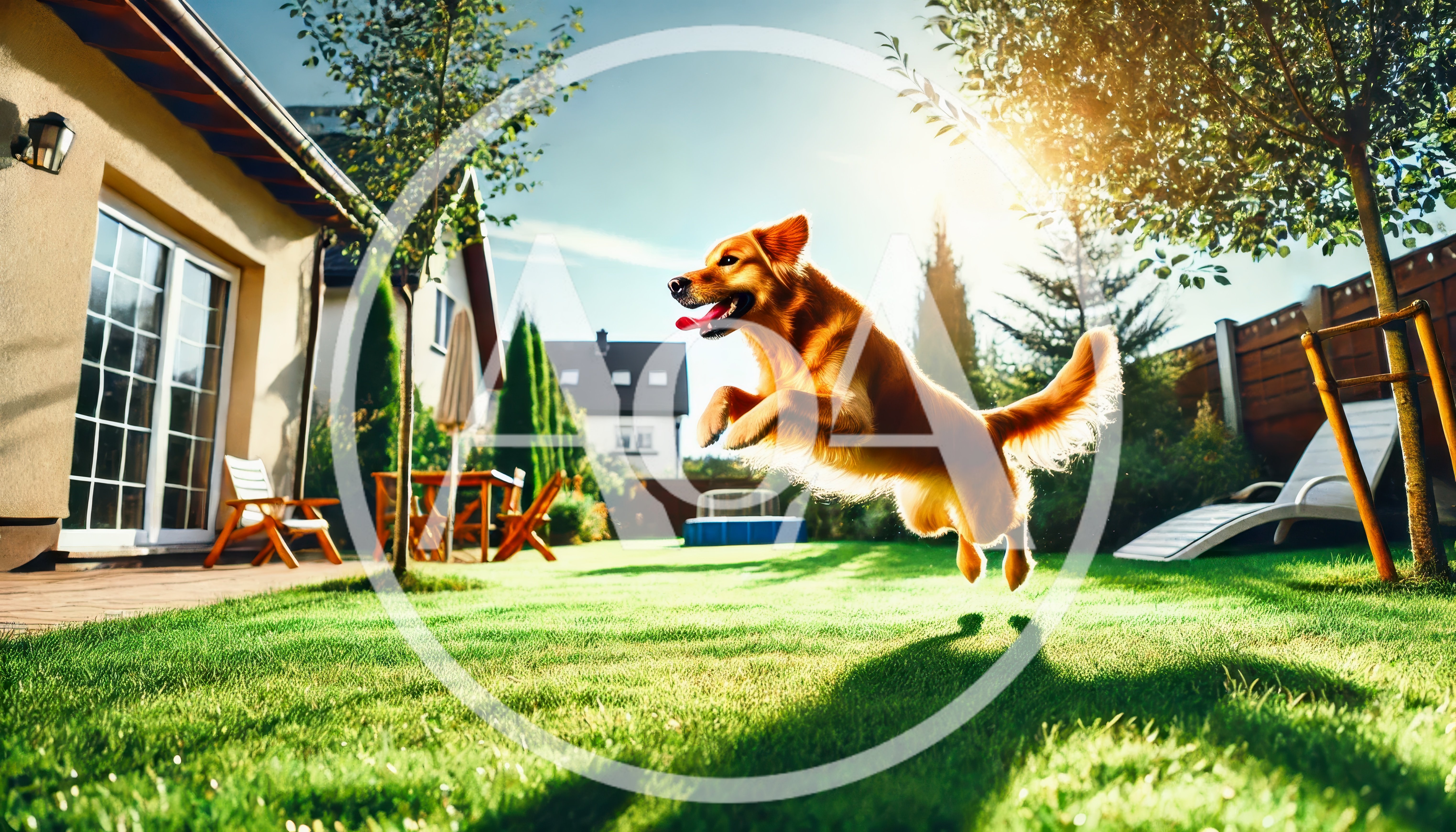 Golden Retriever Jumping Joyfully in a Sunny Backyard