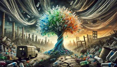 Surreal Tree Made Of Plastic Bottles In Post-Apocalyptic Landscape