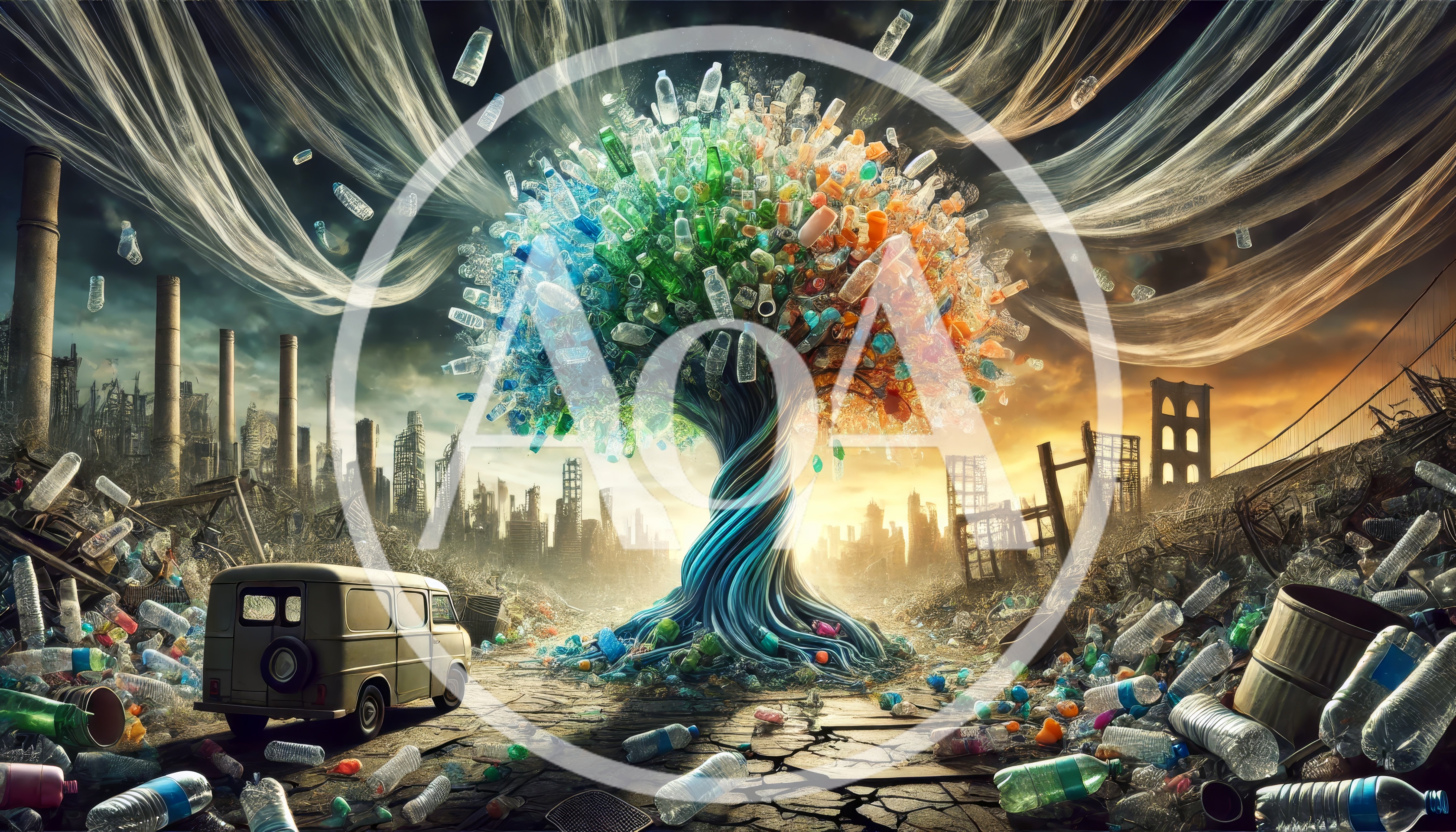 Surreal Tree Made Of Plastic Bottles In Post-Apocalyptic Landscape