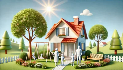 3D Rendered Family Standing Outside A Suburban Home