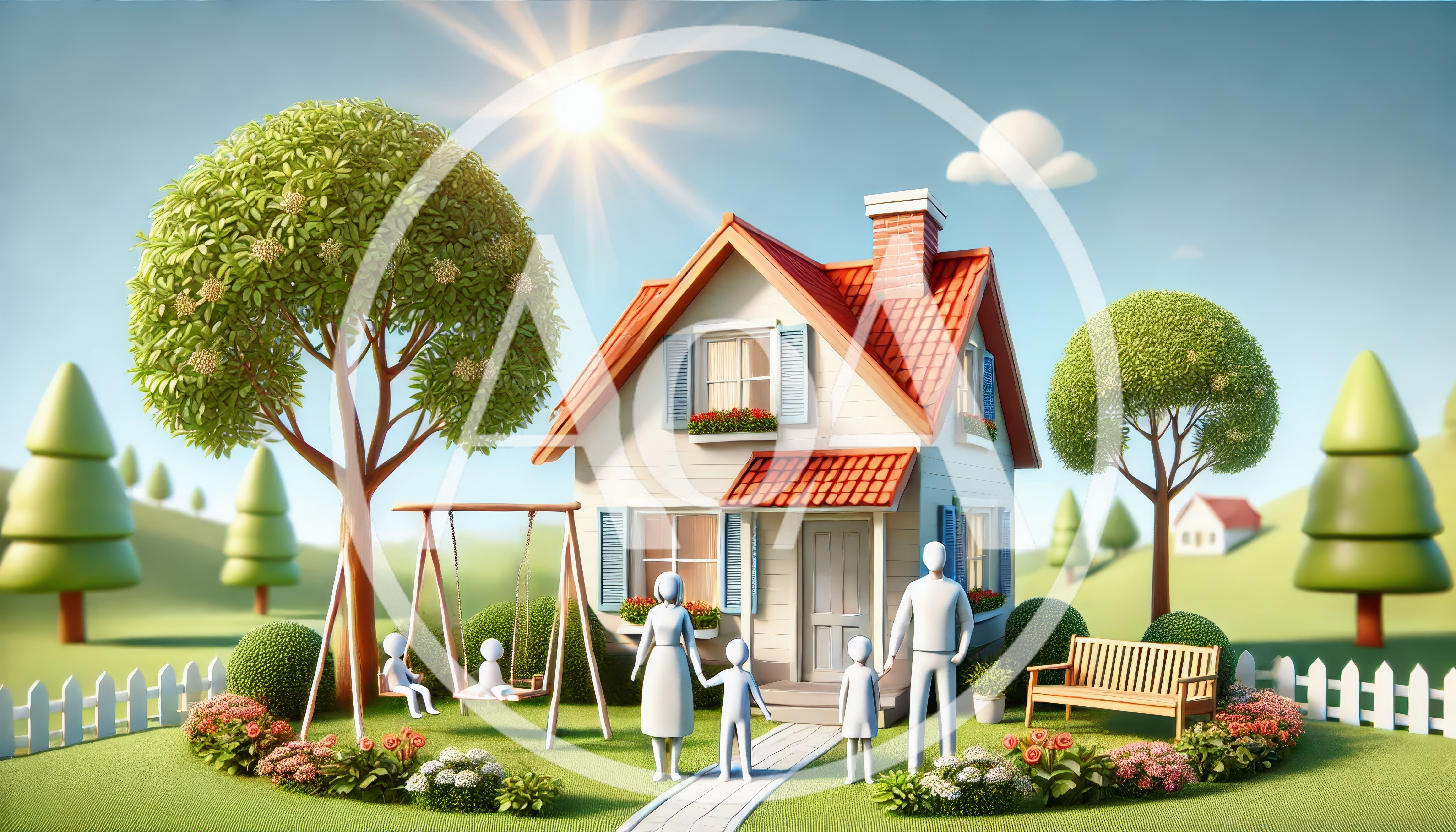 3D Rendered Family Standing Outside A Suburban Home