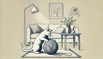 Line Art Illustration of a Cat Playing with Yarn