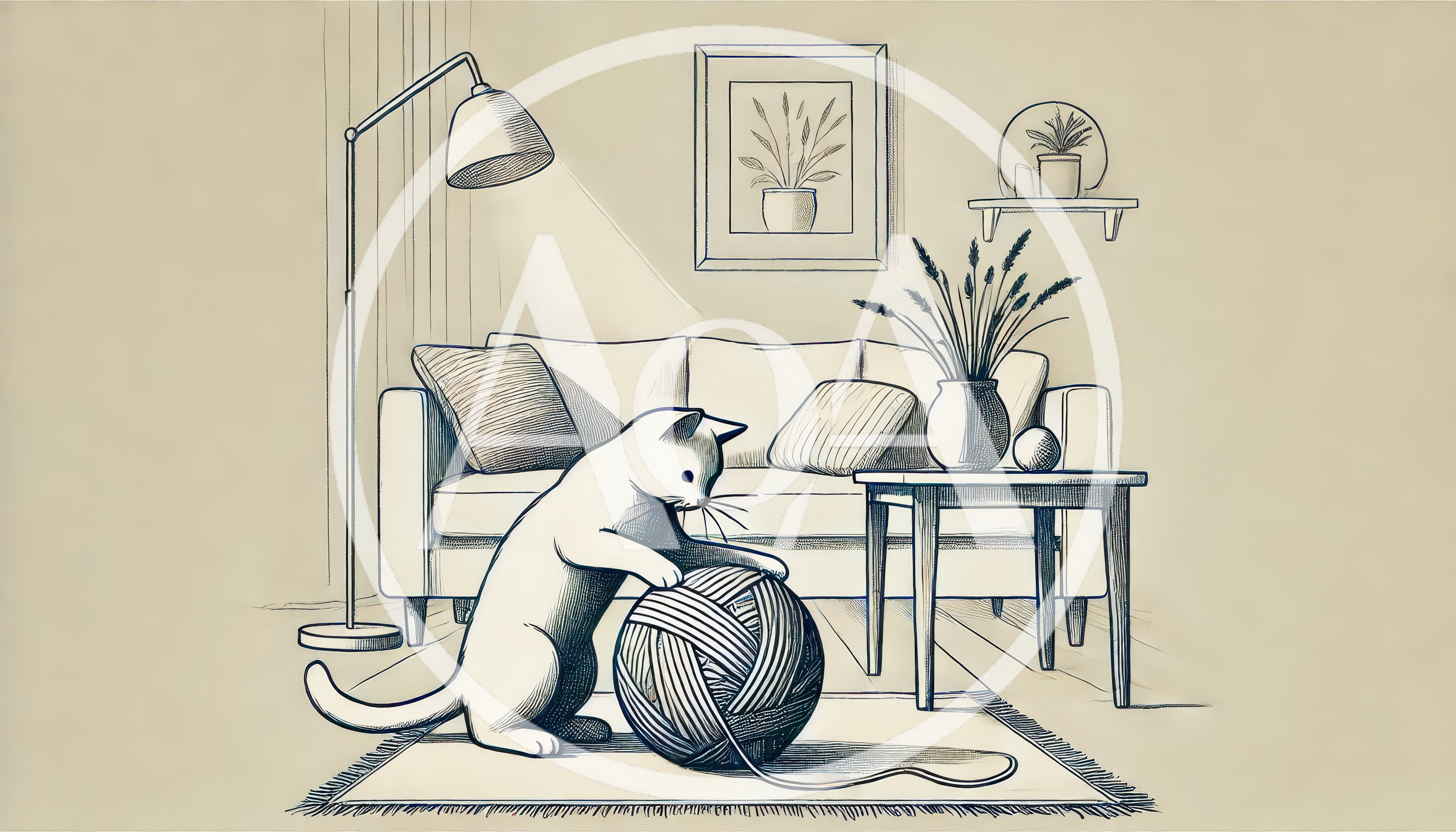 Line Art Illustration of a Cat Playing with Yarn