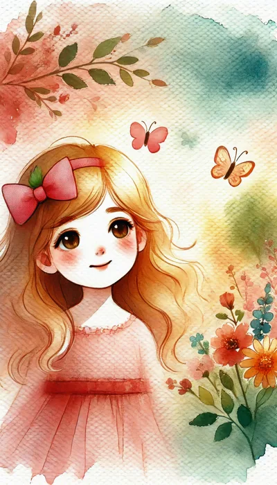 Watercolor Illustration Of A Young Girl With Butterflies