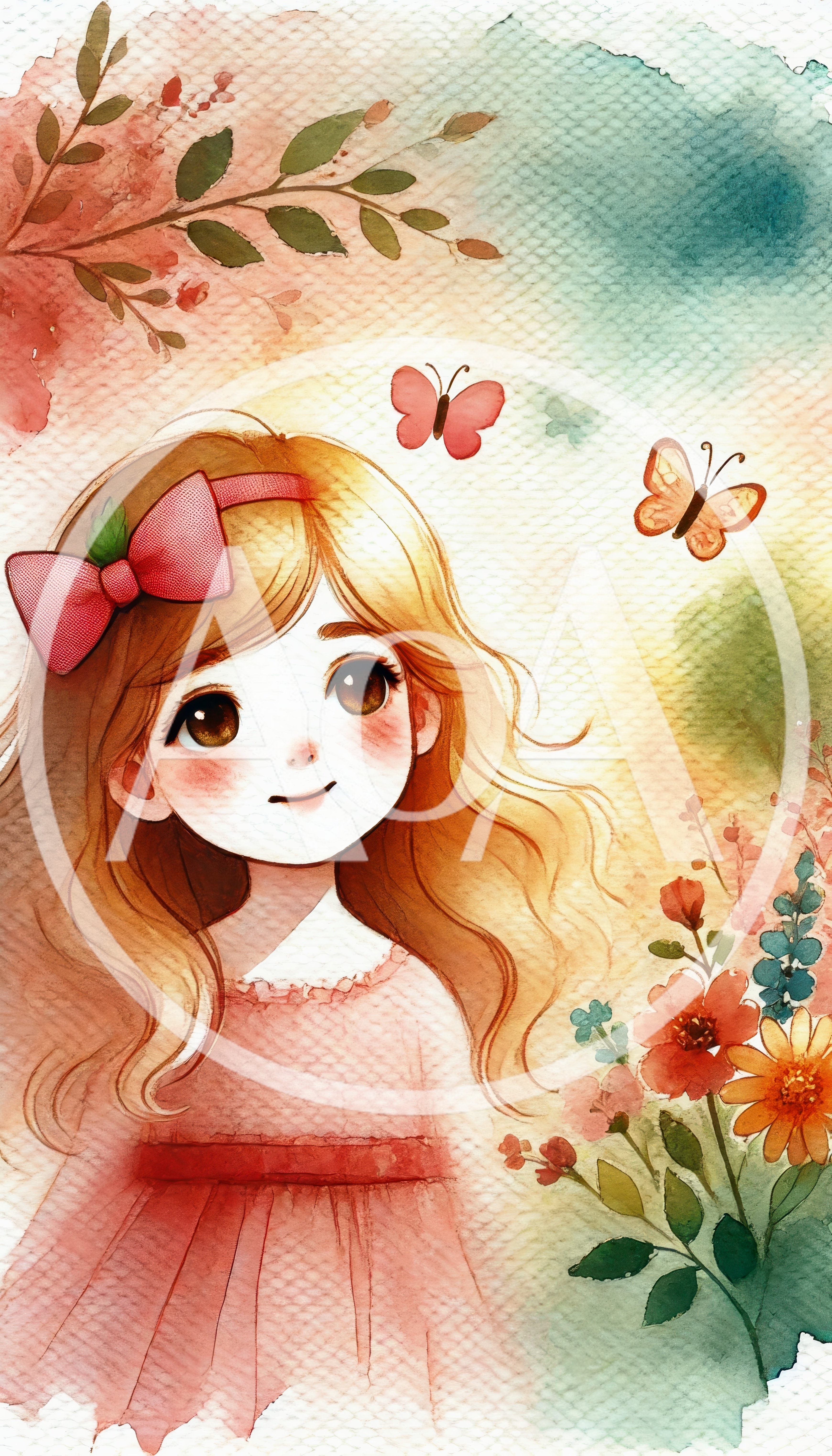 Watercolor Illustration Of A Young Girl With Butterflies