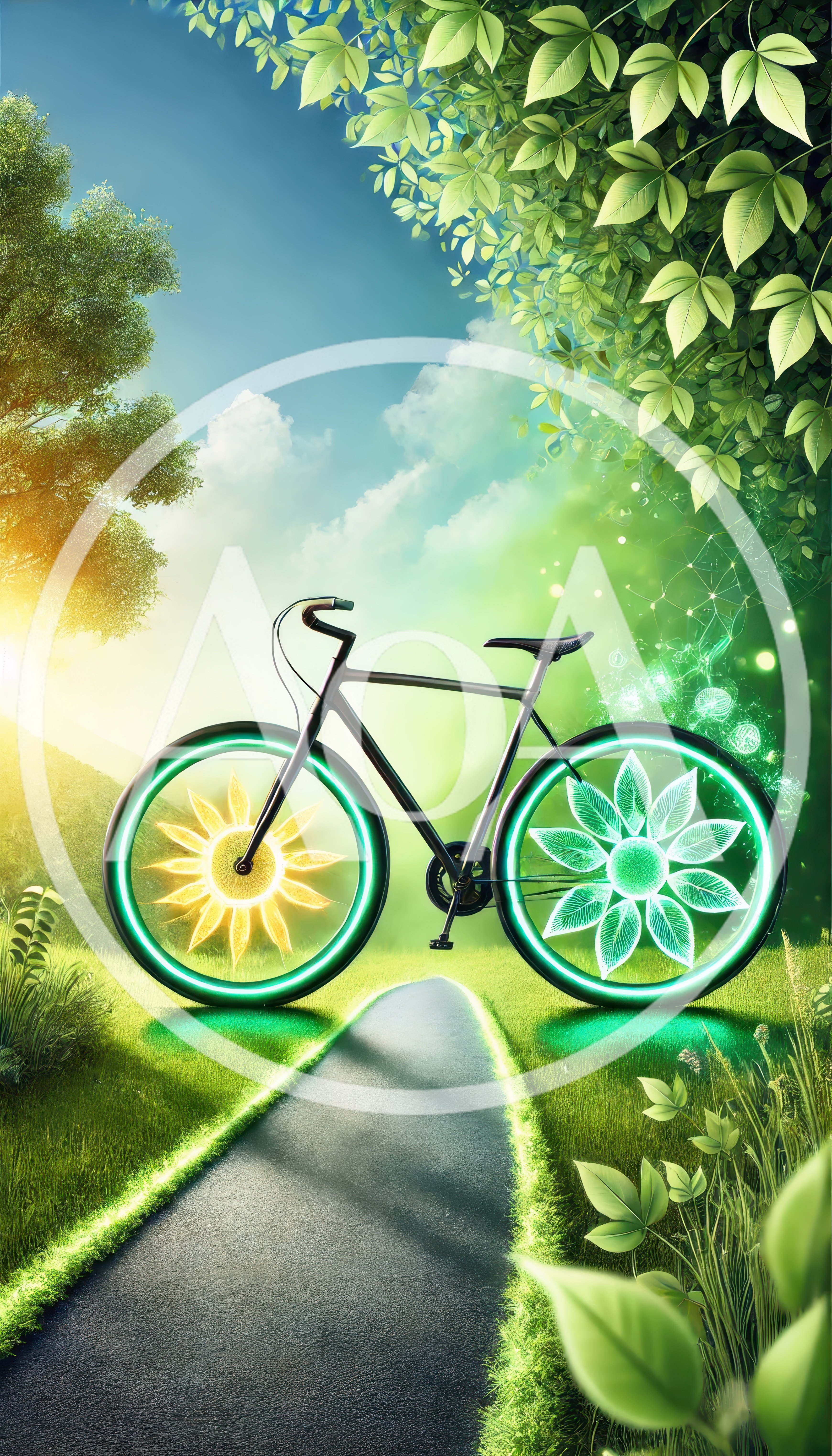 Surreal Bicycle With Glowing Floral Wheels In Nature
