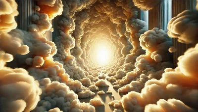Ethereal Tunnel Of Golden Clouds And Classical Pillars