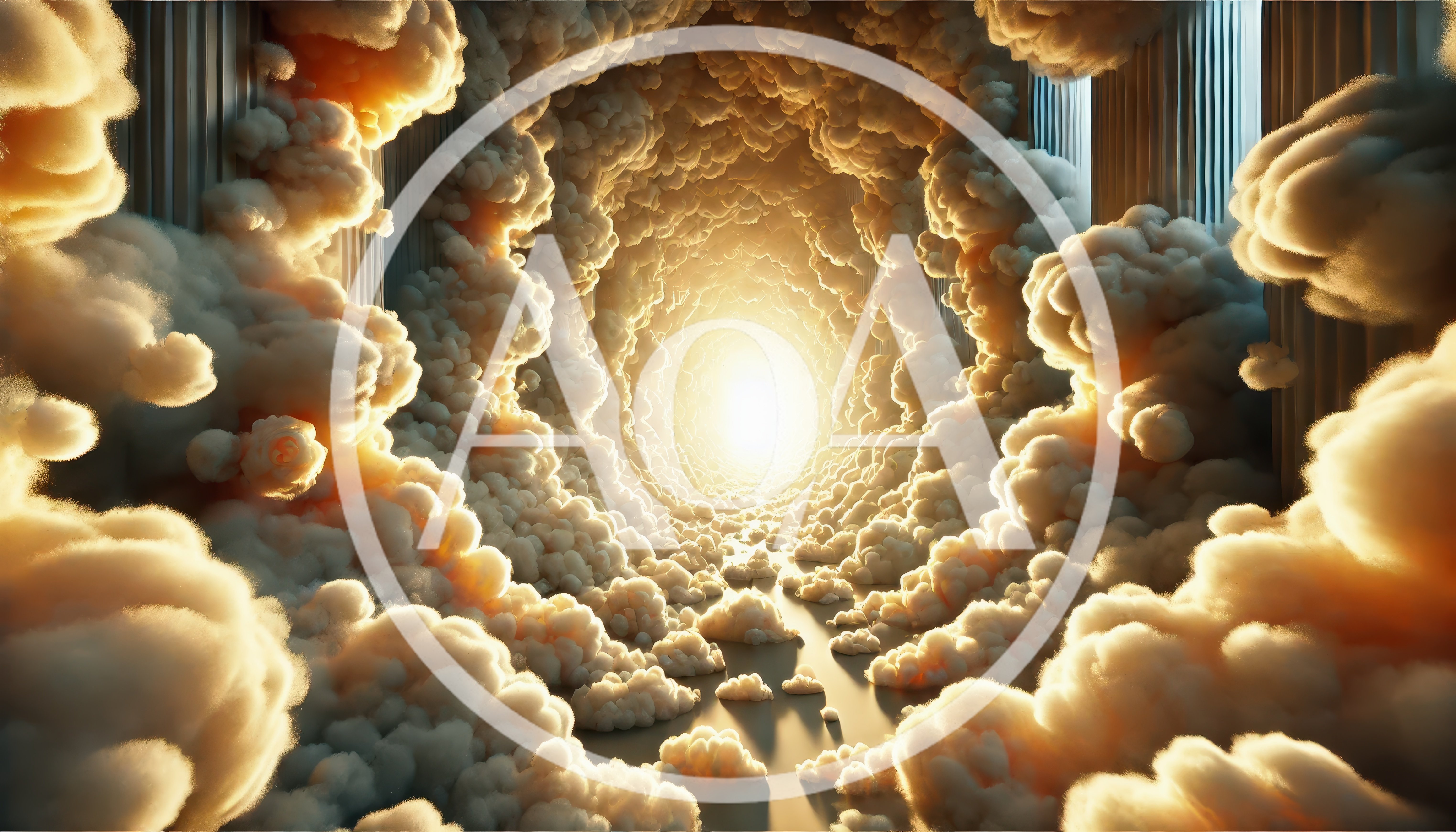 Ethereal Tunnel Of Golden Clouds And Classical Pillars