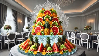 Elaborate Fruit Display Centerpiece in Elegant Banquet Hall
