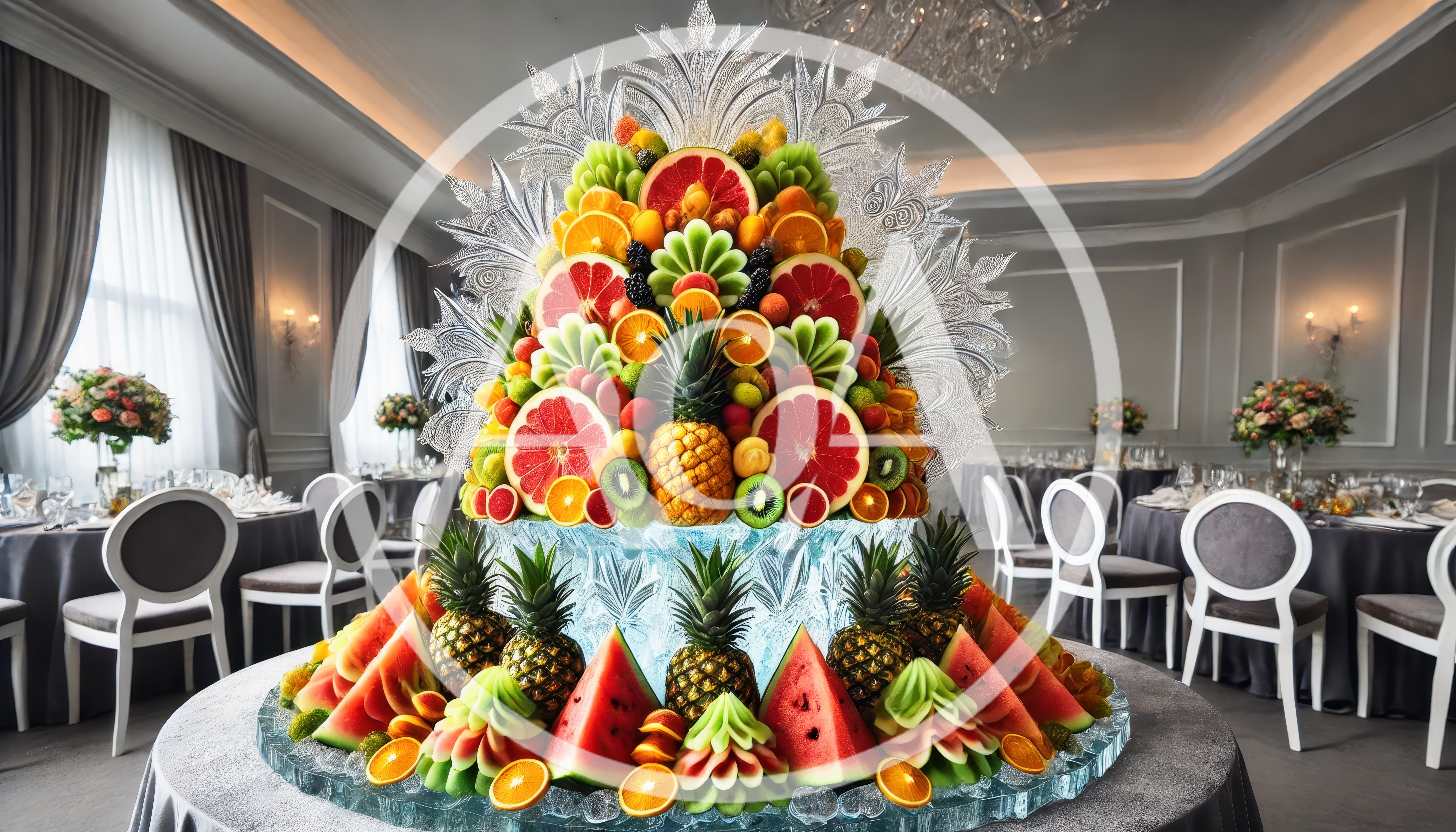 Elaborate Fruit Display Centerpiece in Elegant Banquet Hall