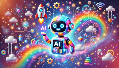 Cute AI Robot Floating In A Colorful Digital Space