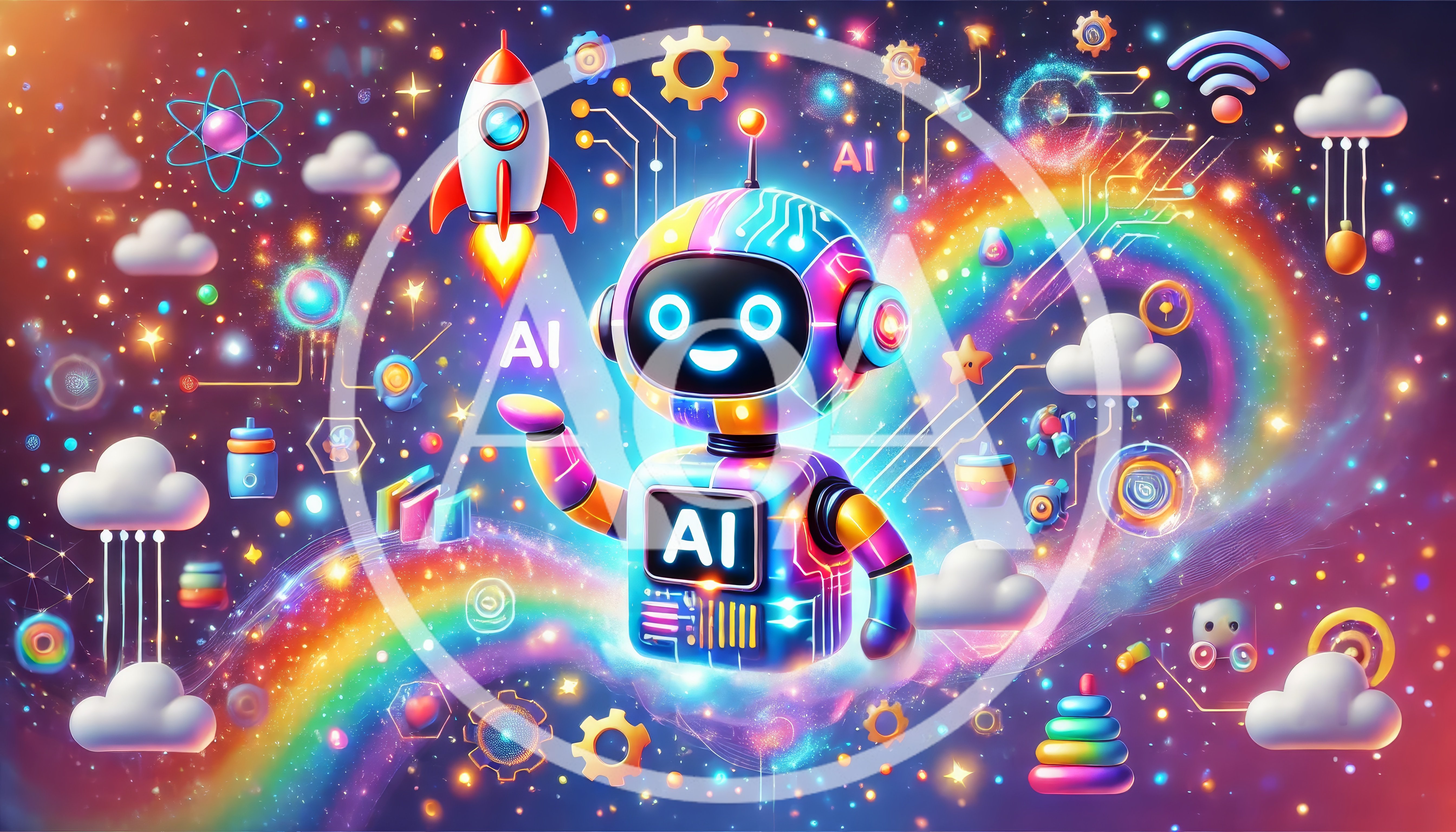 Cute AI Robot Floating In A Colorful Digital Space