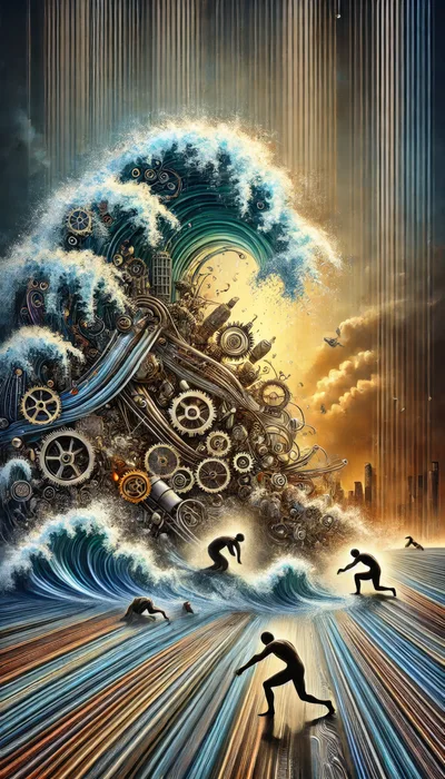 Surreal Mechanical Wave Crashing Over Silhouetted Figures
