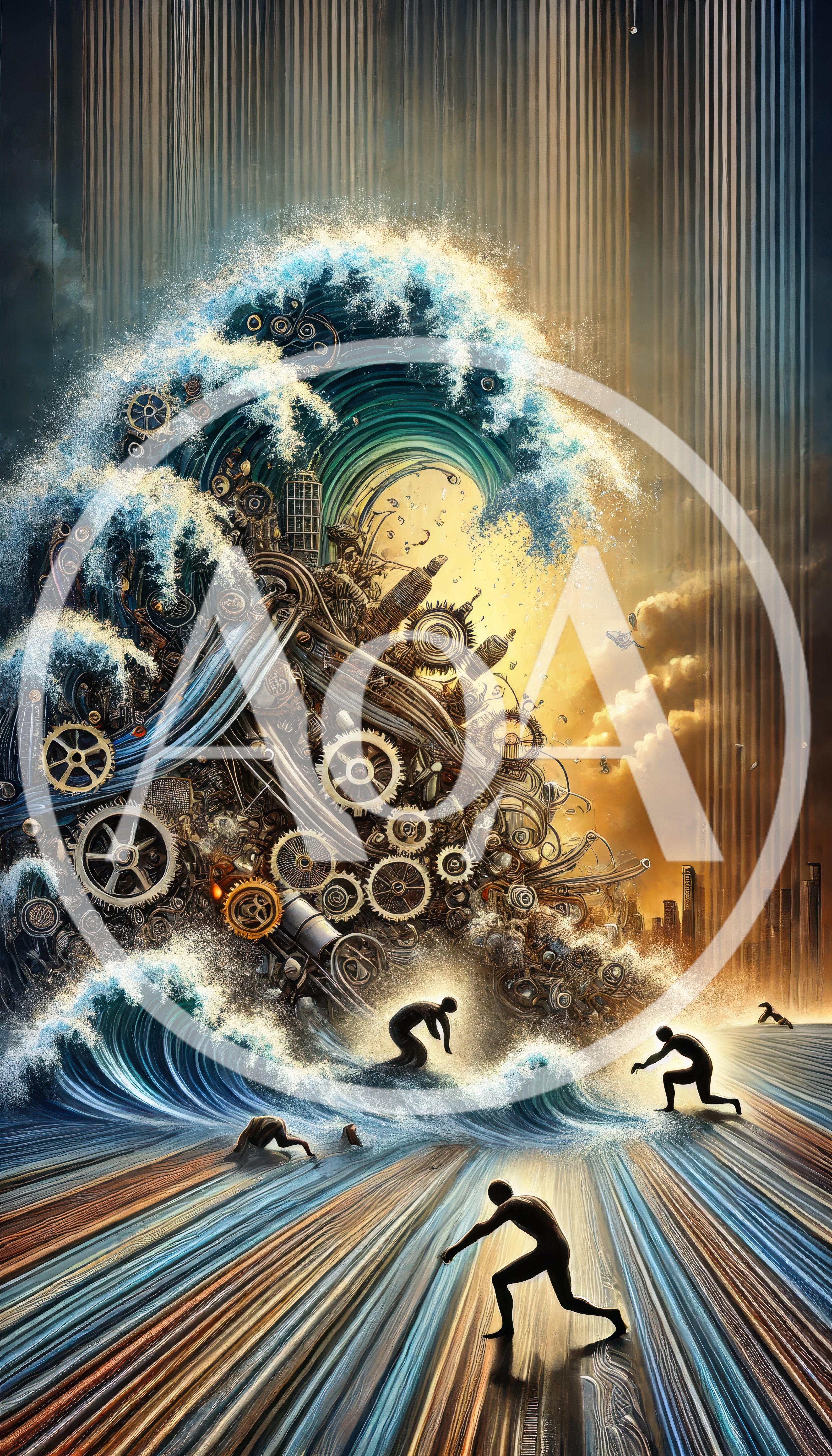 Surreal Mechanical Wave Crashing Over Silhouetted Figures