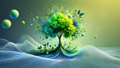 Abstract Digital Tree With Glowing Foliage And Flowing Lines