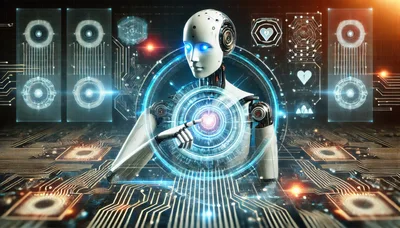 Futuristic Android Interacting With Digital Holographic Interface