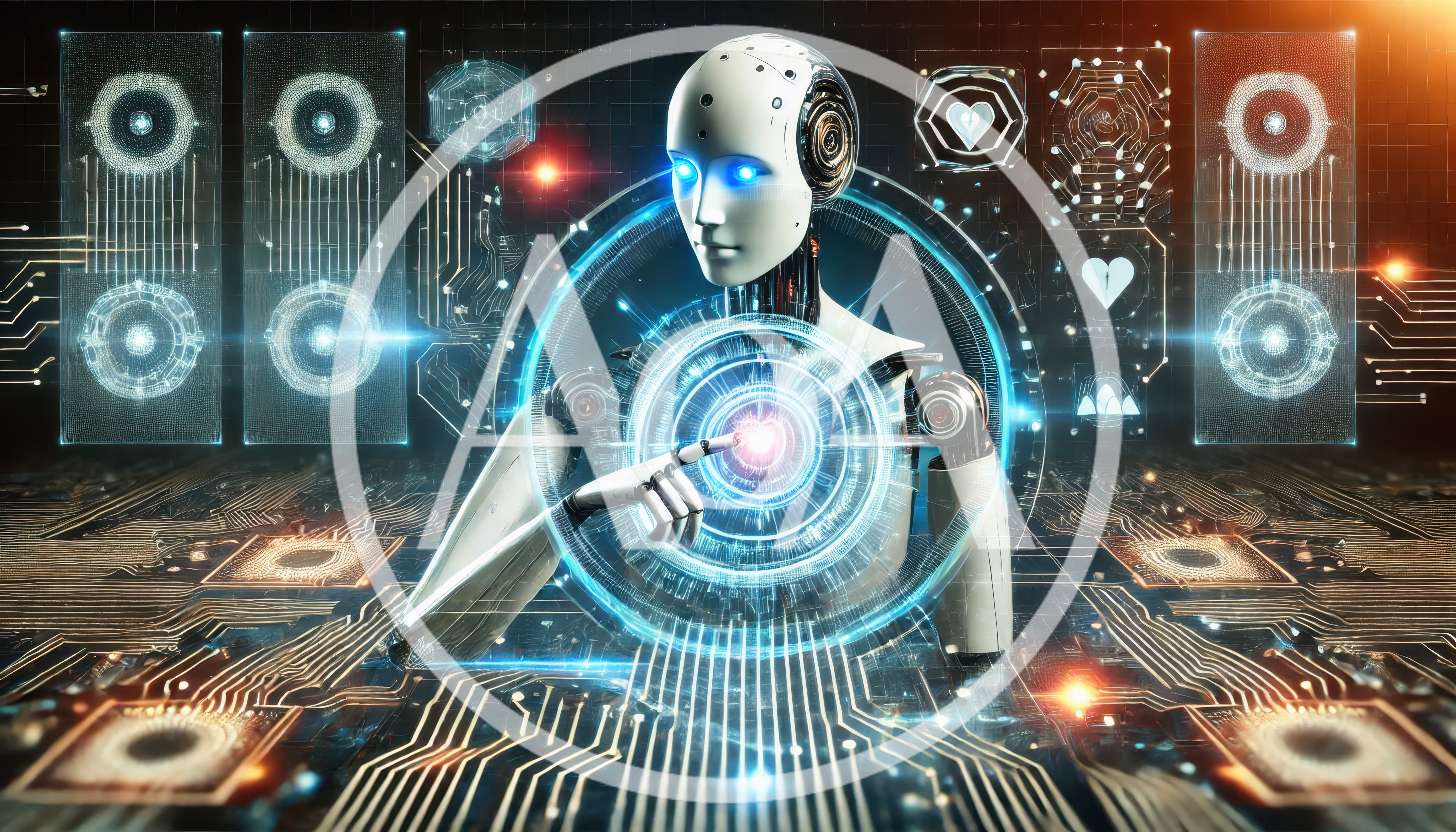 Futuristic Android Interacting With Digital Holographic Interface