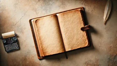 Open Vintage Leather Journal With Typewriter And Quill