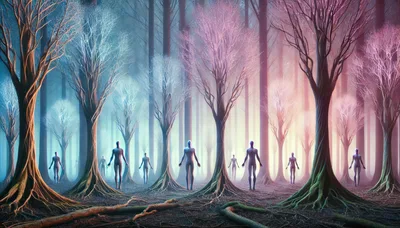Ethereal Humanoid Figures Standing in a Mystical Forest