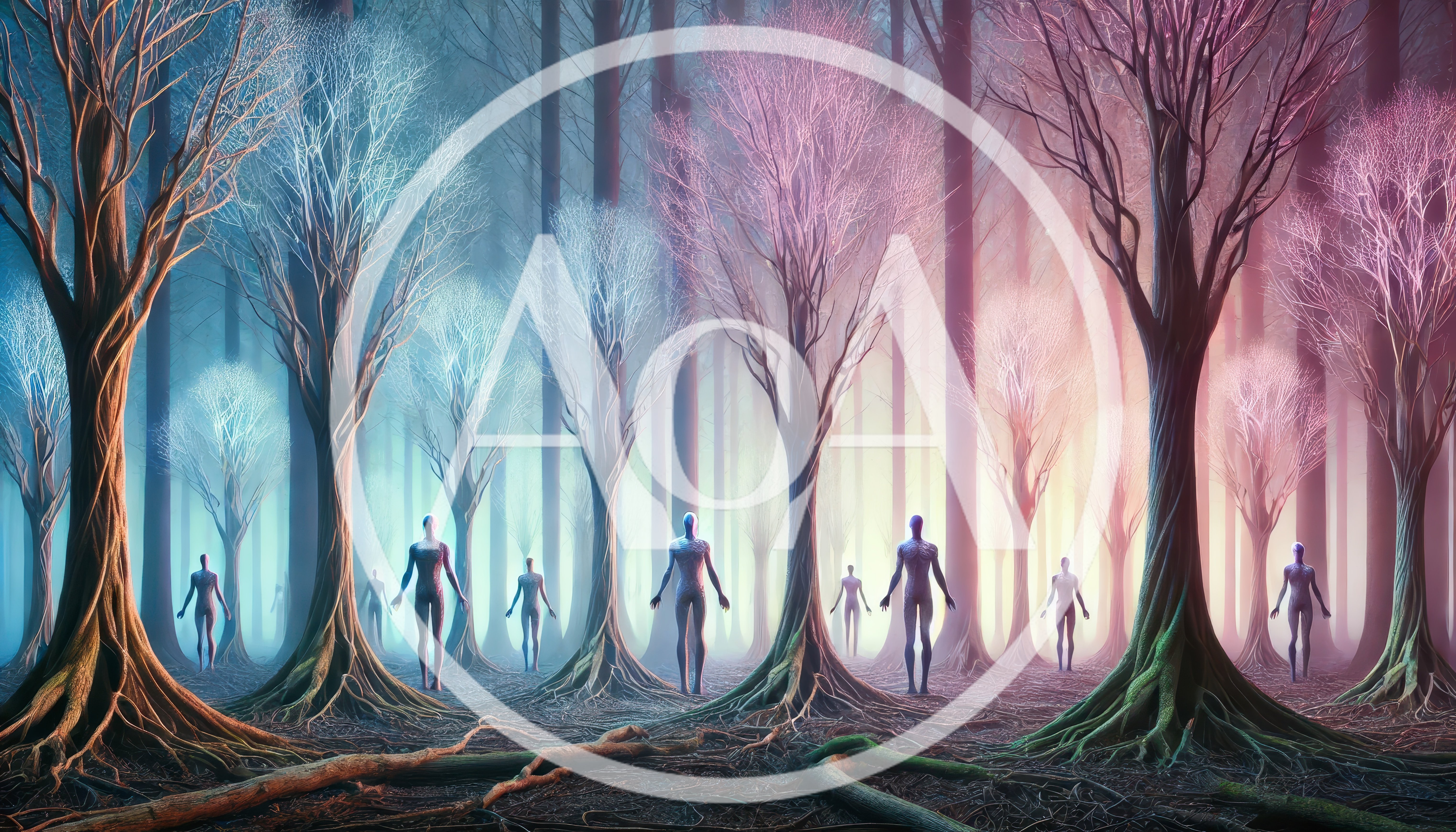 Ethereal Humanoid Figures Standing in a Mystical Forest