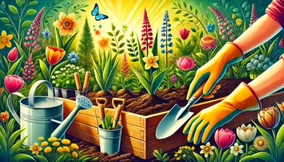 Gardener Planting Flowers In A Wooden Raised Bed