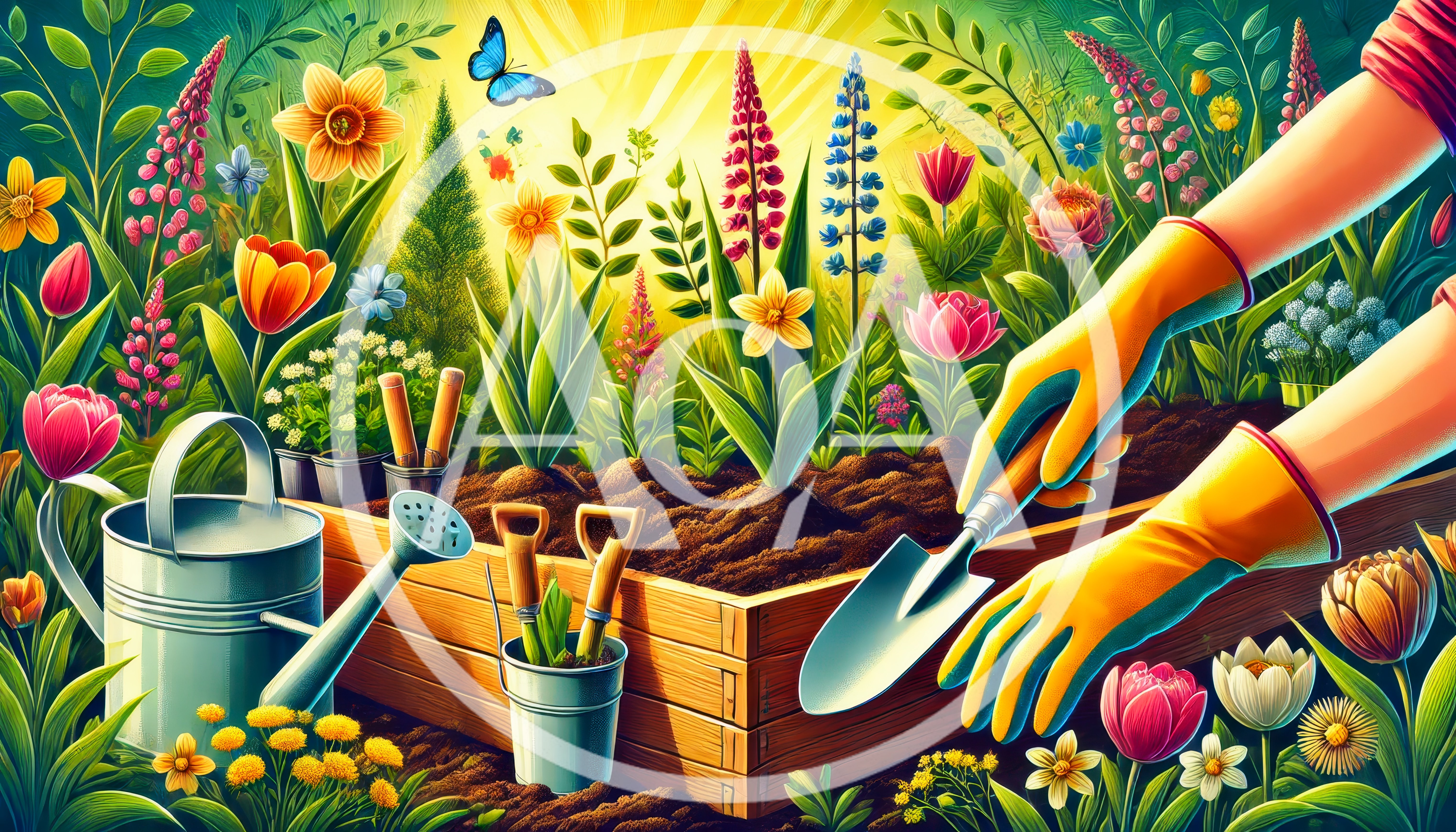 Gardener Planting Flowers In A Wooden Raised Bed