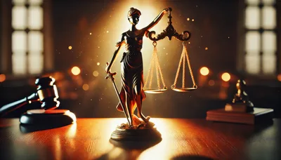 Golden Lady Justice Statue With Gavel On Courtroom Desk