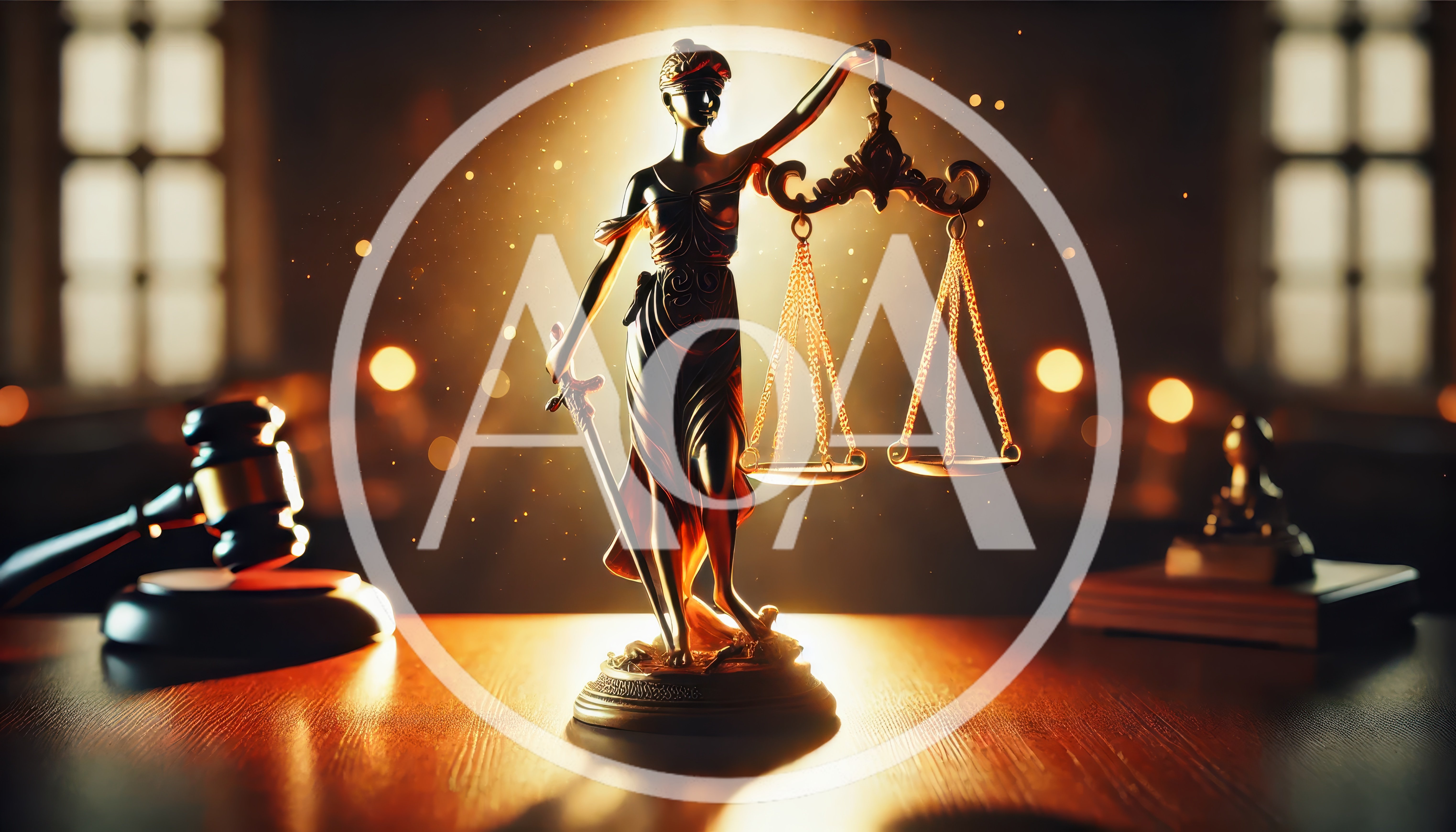Golden Lady Justice Statue With Gavel On Courtroom Desk