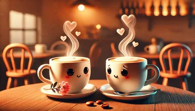 Two Cute Anthropomorphic Coffee Cups On A Cafe Table