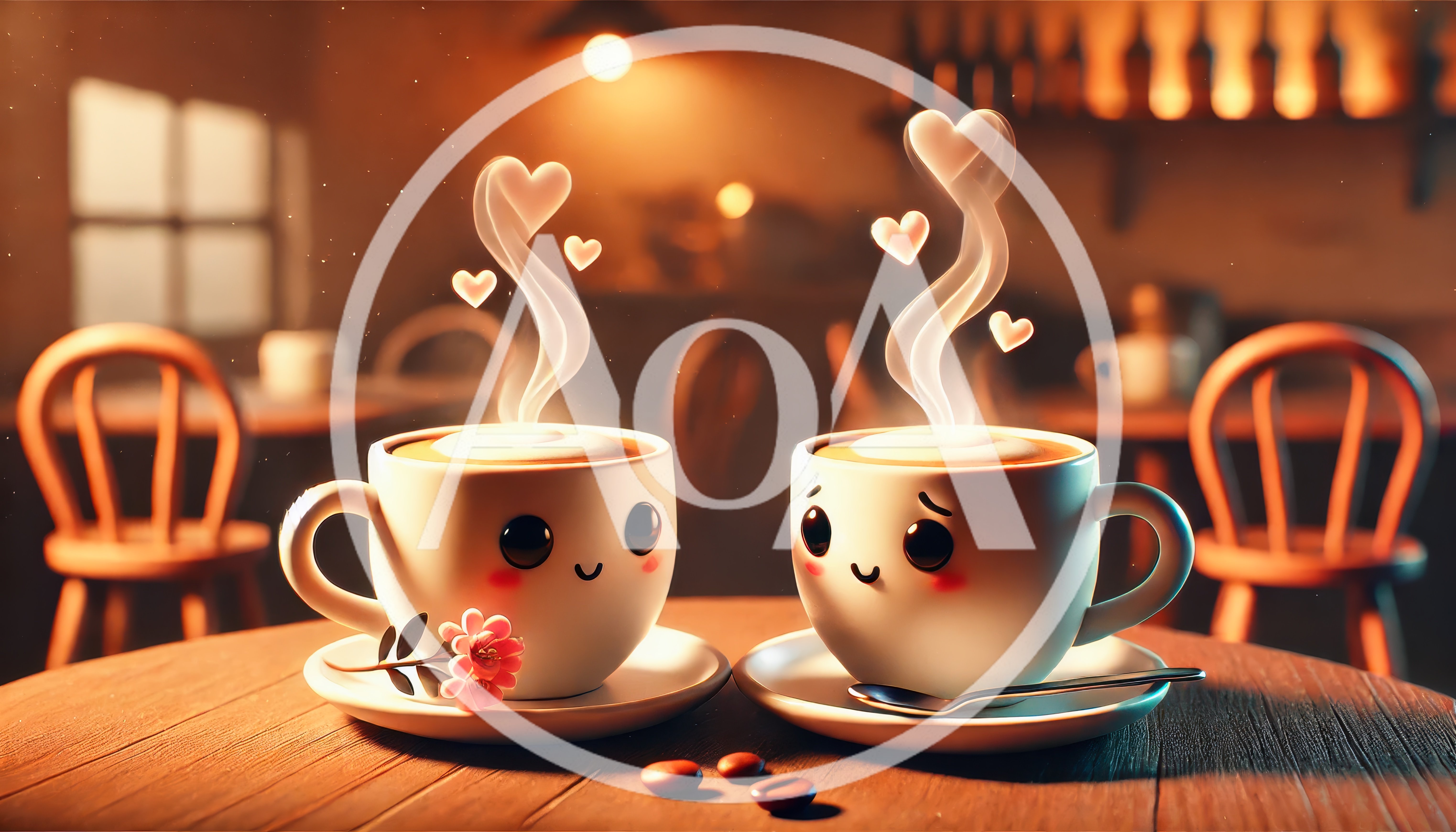 Two Cute Anthropomorphic Coffee Cups On A Cafe Table